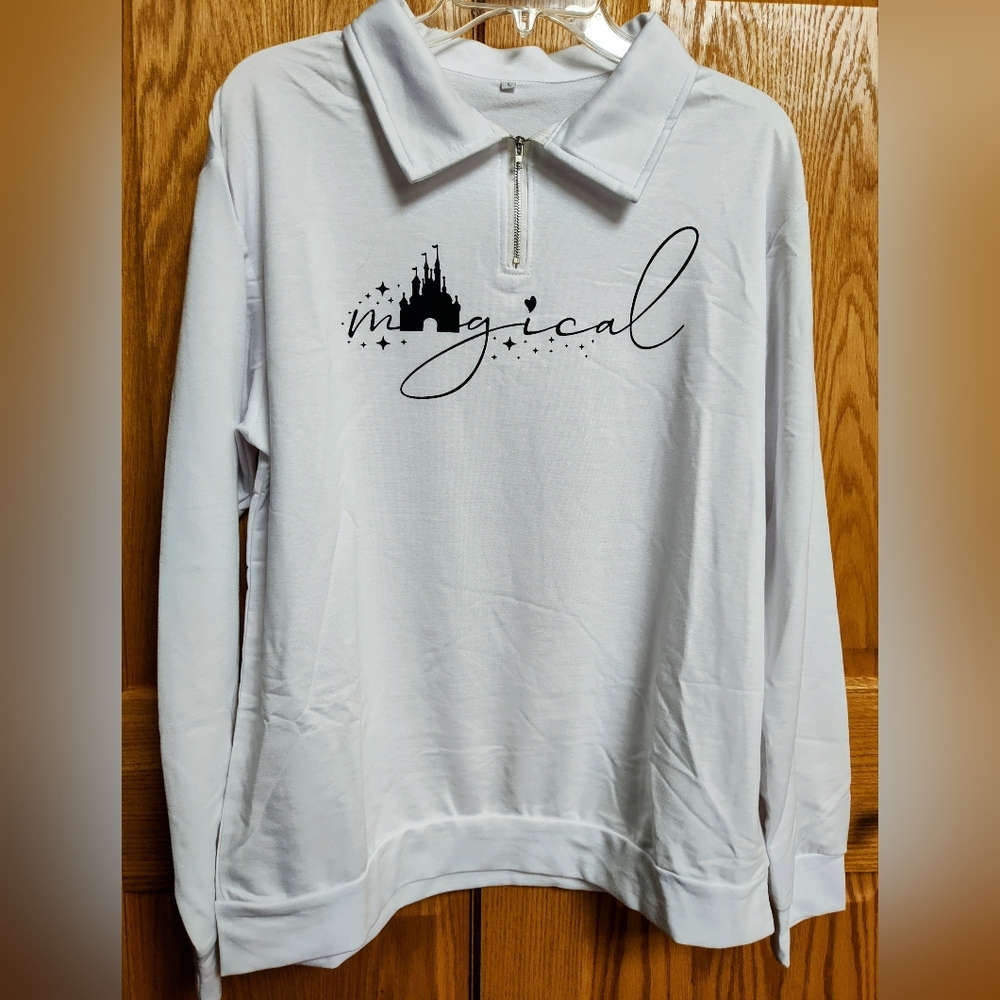 Women's White Magical Castle Pullover with Zip Collar, Long Sleeve